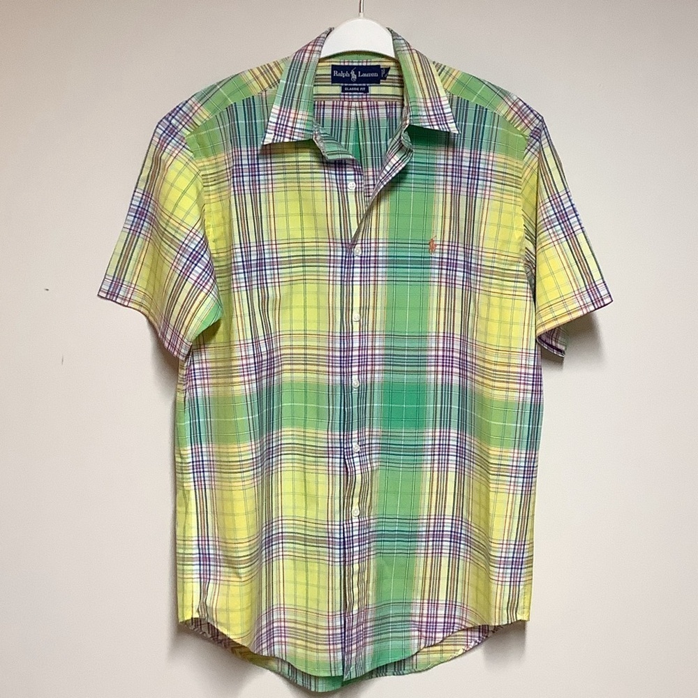 NWOT Ralph Lauren Classic Fit Button Short Sleeve Plaid Shirt Mens Sz M